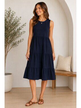 DKNY Tiered Midi Dress Women Size M Navy Sleeveless Cotton‎ Blend NWT